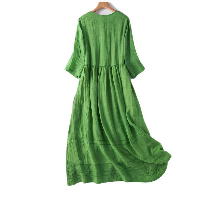Buddha Stones Summer V-Neck Design Half Sleeve Cotton Midi Dress