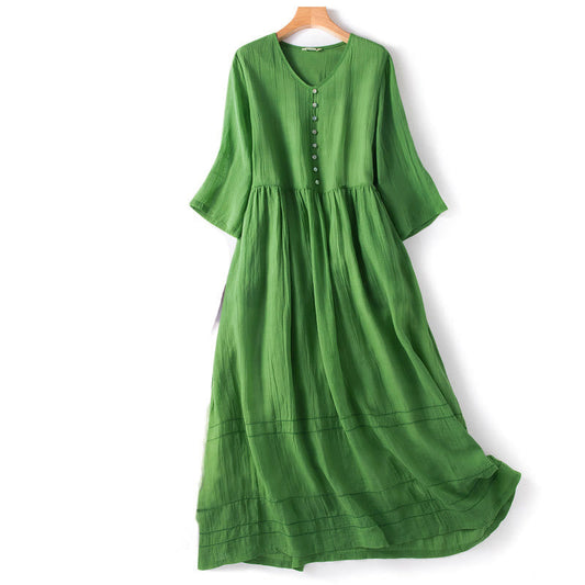 Buddha Stones Summer V-Neck Design Half Sleeve Cotton Midi Dress