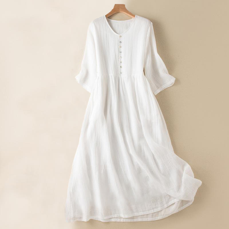 Buddha Stones Summer V-Neck Design Half Sleeve Cotton Midi Dress