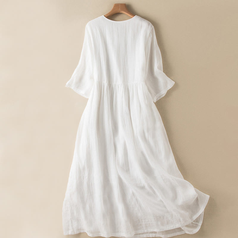 Buddha Stones Summer V-Neck Design Half Sleeve Cotton Midi Dress