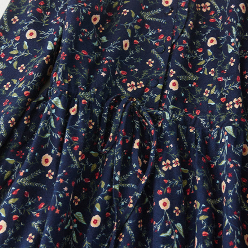 Buddha Stones Ethnic Printing Floral Lace-Up Design Long Sleeve Cotton Linen Midi Dress