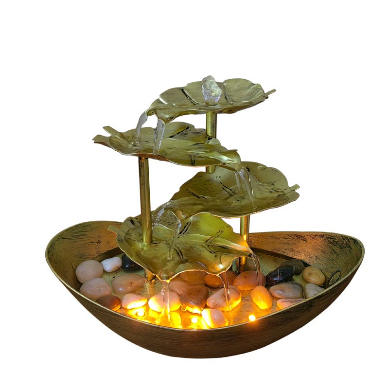 Buddha Stones Lotus Leaf Shaped Waterfall Fountain Tabletop Ornaments With LED Light Home Office Desktop Decoration
