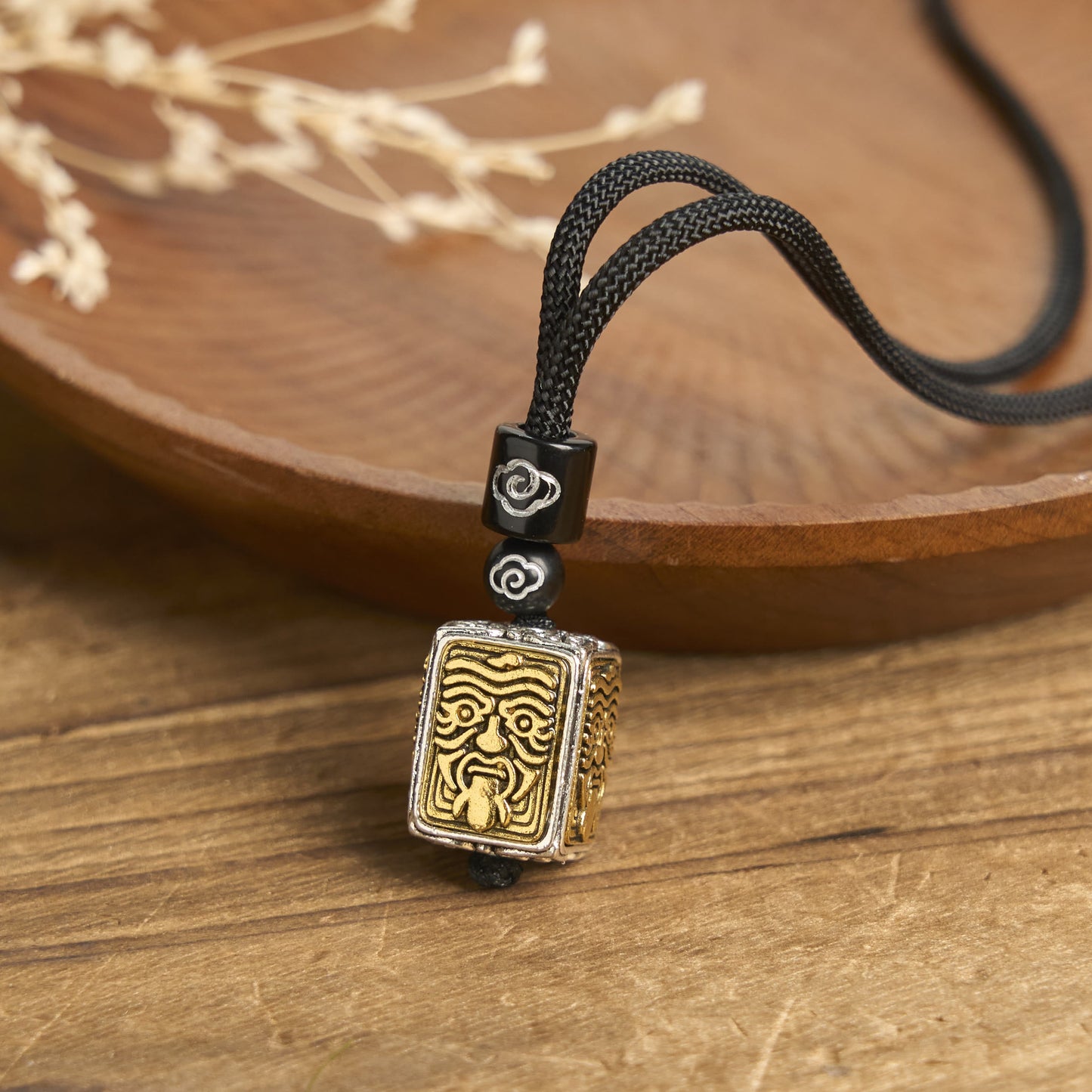 Buddha Stones Tibetan Zakiram Goddess Of Wealth Protection Rope Square Necklace Pendant
