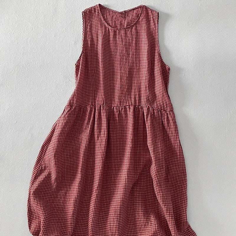 Buddha Stones Casual Plain Handmade Plaid Midi Dress Cotton Sleeveless Dress With Pockets