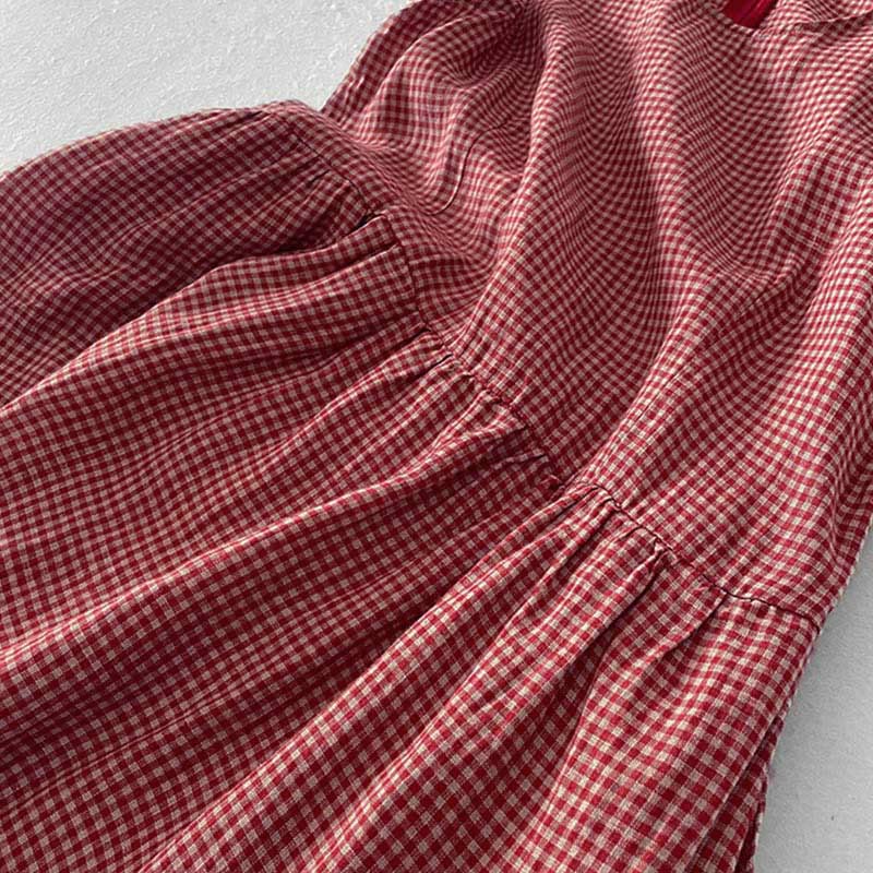 Buddha Stones Casual Plain Handmade Plaid Midi Dress Cotton Sleeveless Dress With Pockets