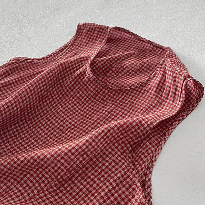 Buddha Stones Casual Plain Handmade Plaid Midi Dress Cotton Sleeveless Dress With Pockets