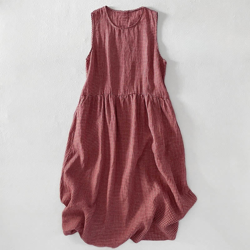 Buddha Stones Casual Plain Handmade Plaid Midi Dress Cotton Sleeveless Dress With Pockets
