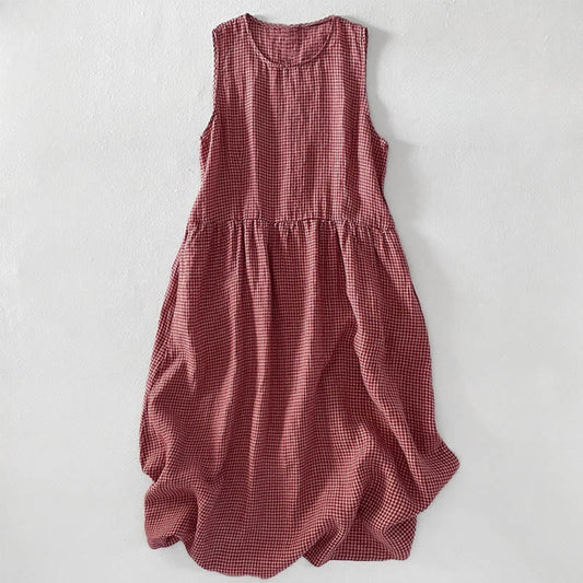 Buddha Stones Casual Plain Handmade Plaid Midi Dress Cotton Sleeveless Dress With Pockets