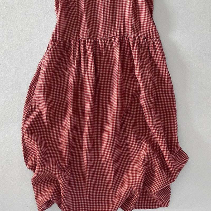 Buddha Stones Casual Plain Handmade Plaid Midi Dress Cotton Sleeveless Dress With Pockets