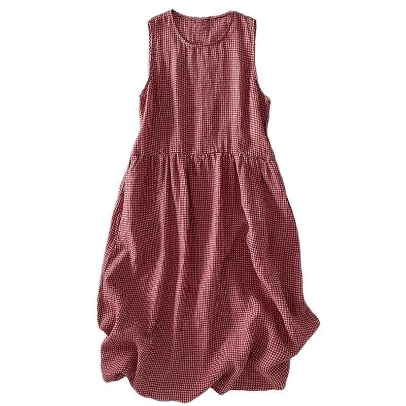 Buddha Stones Casual Plain Handmade Plaid Midi Dress Cotton Sleeveless Dress With Pockets