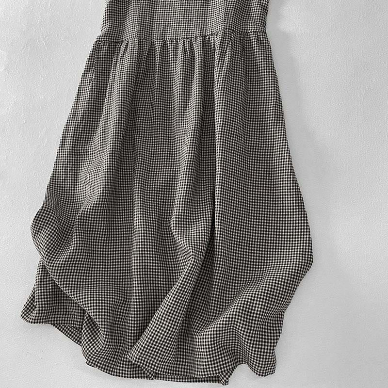 Buddha Stones Casual Plain Handmade Plaid Midi Dress Cotton Sleeveless Dress With Pockets