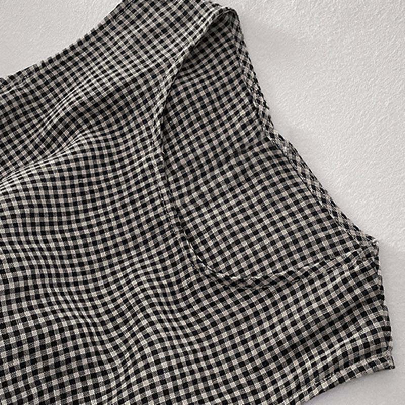 Buddha Stones Casual Plain Handmade Plaid Midi Dress Cotton Sleeveless Dress With Pockets