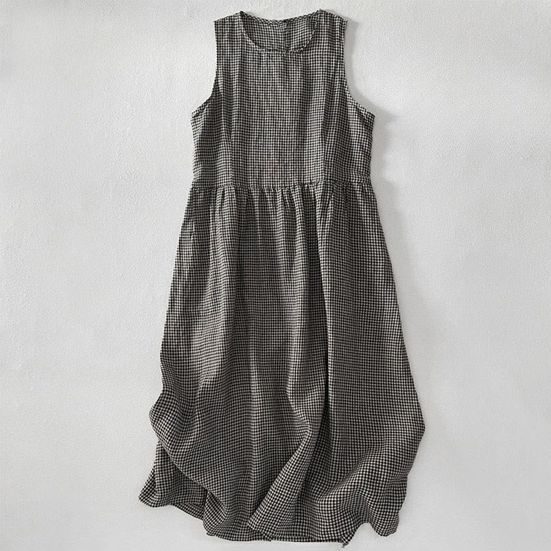 Buddha Stones Casual Plain Handmade Plaid Midi Dress Cotton Sleeveless Dress With Pockets