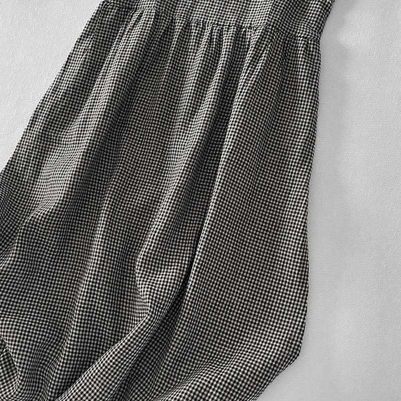Buddha Stones Casual Plain Handmade Plaid Midi Dress Cotton Sleeveless Dress With Pockets