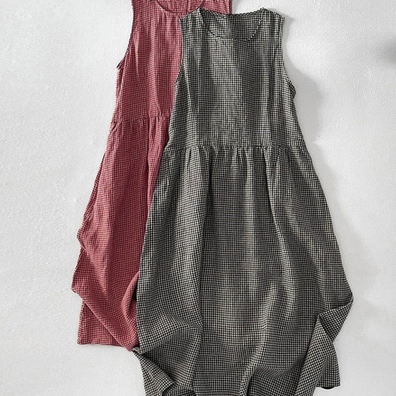 Buddha Stones Casual Plain Handmade Plaid Midi Dress Cotton Sleeveless Dress With Pockets