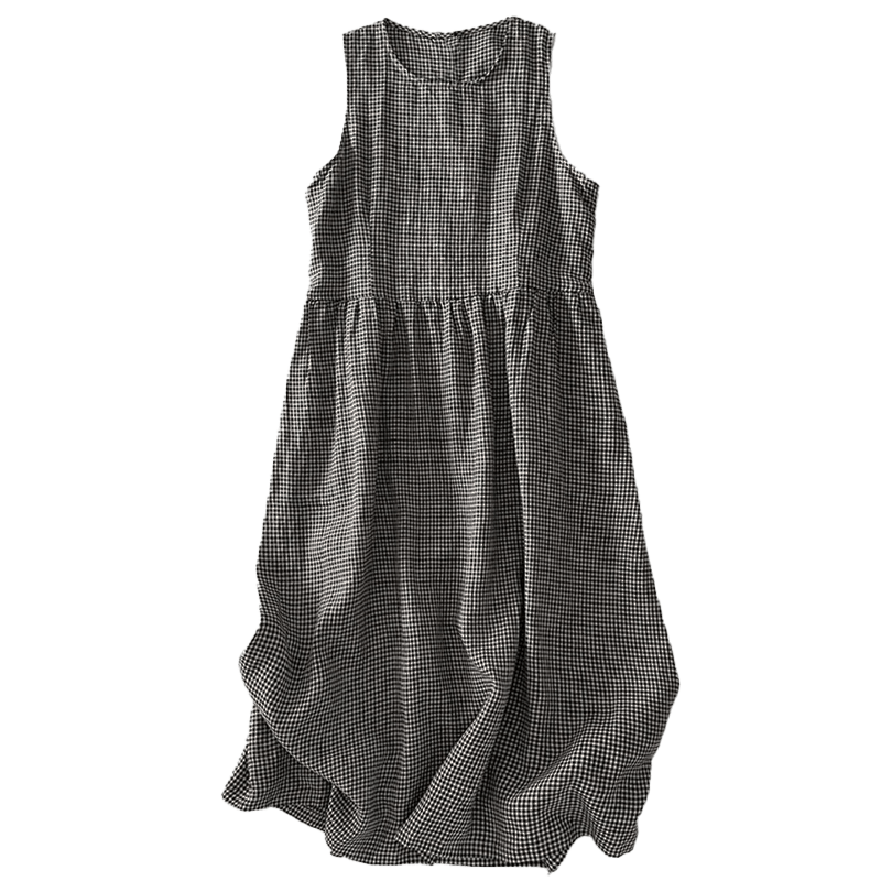 Buddha Stones Casual Plain Handmade Plaid Midi Dress Cotton Sleeveless Dress With Pockets