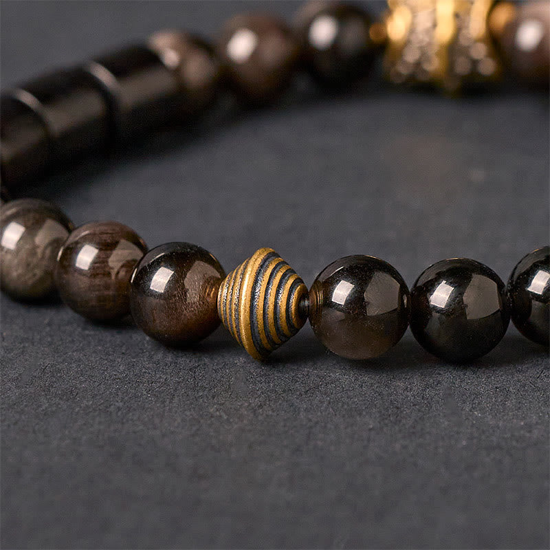 Buddha Stones Silver Sheen Obsidian Ebony Protection Bracelet