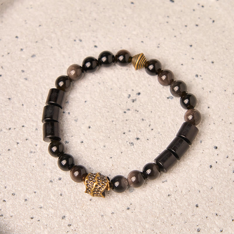 Buddha Stones Silver Sheen Obsidian Ebony Protection Bracelet