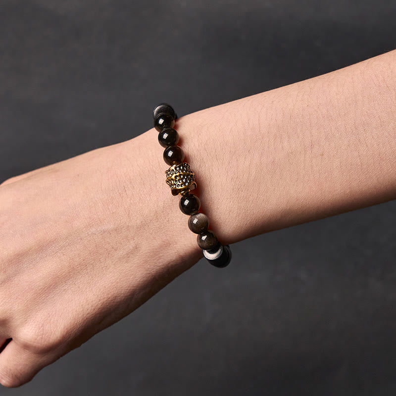 Buddha Stones Silver Sheen Obsidian Ebony Protection Bracelet