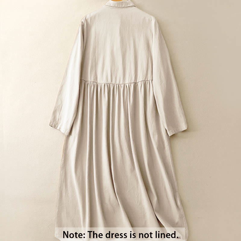 Buddha Stones Commute Long Sleeve Pure Color Button Design Lapel Cotton Midi Dress