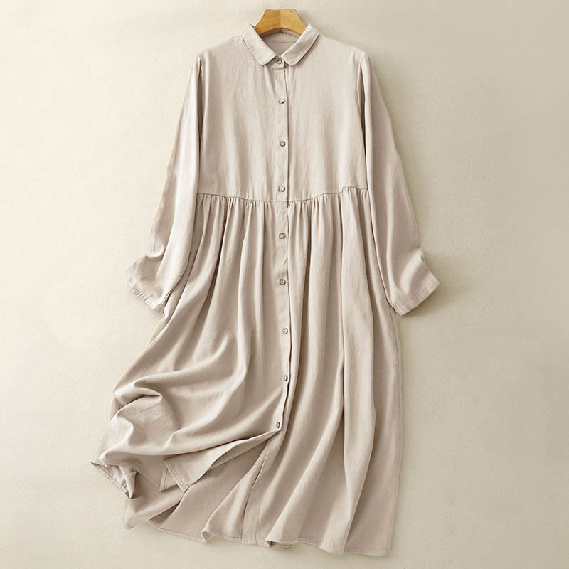 Buddha Stones Commute Long Sleeve Pure Color Button Design Lapel Cotton Midi Dress
