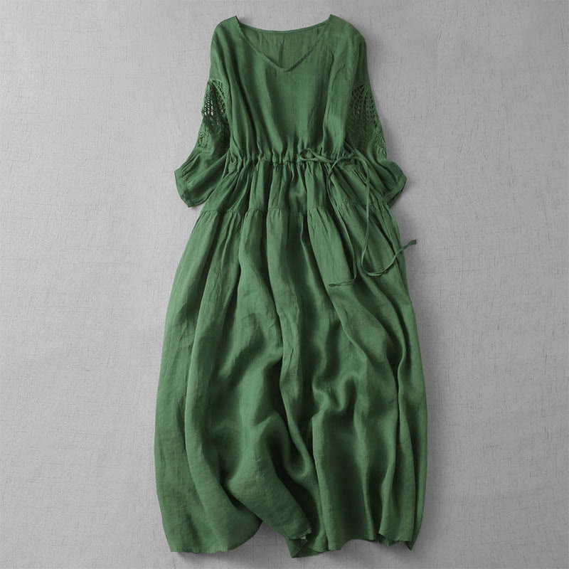 Buddha Stones Embroidery Patchwork Long Puff Sleeve Drawstring Midi Dress With Pockets