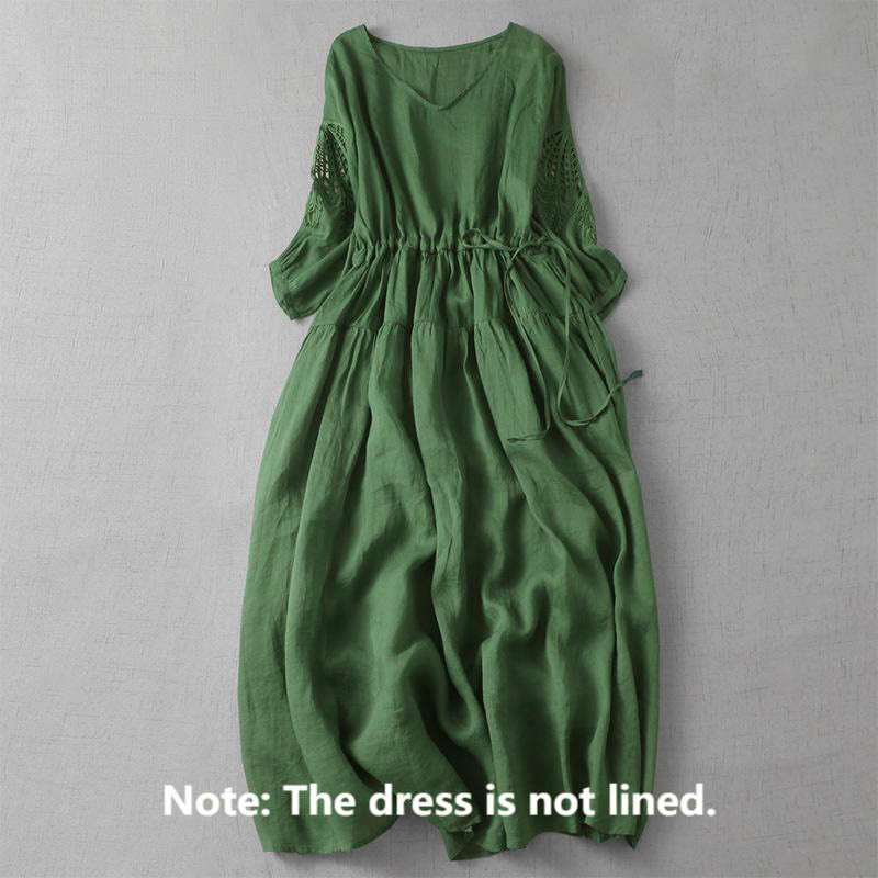Buddha Stones Embroidery Patchwork Long Puff Sleeve Drawstring Midi Dress With Pockets