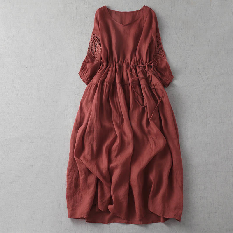 Buddha Stones Embroidery Patchwork Long Puff Sleeve Drawstring Midi Dress With Pockets