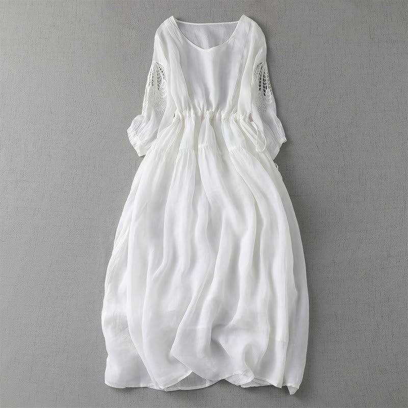 Buddha Stones Embroidery Patchwork Long Puff Sleeve Drawstring Midi Dress With Pockets