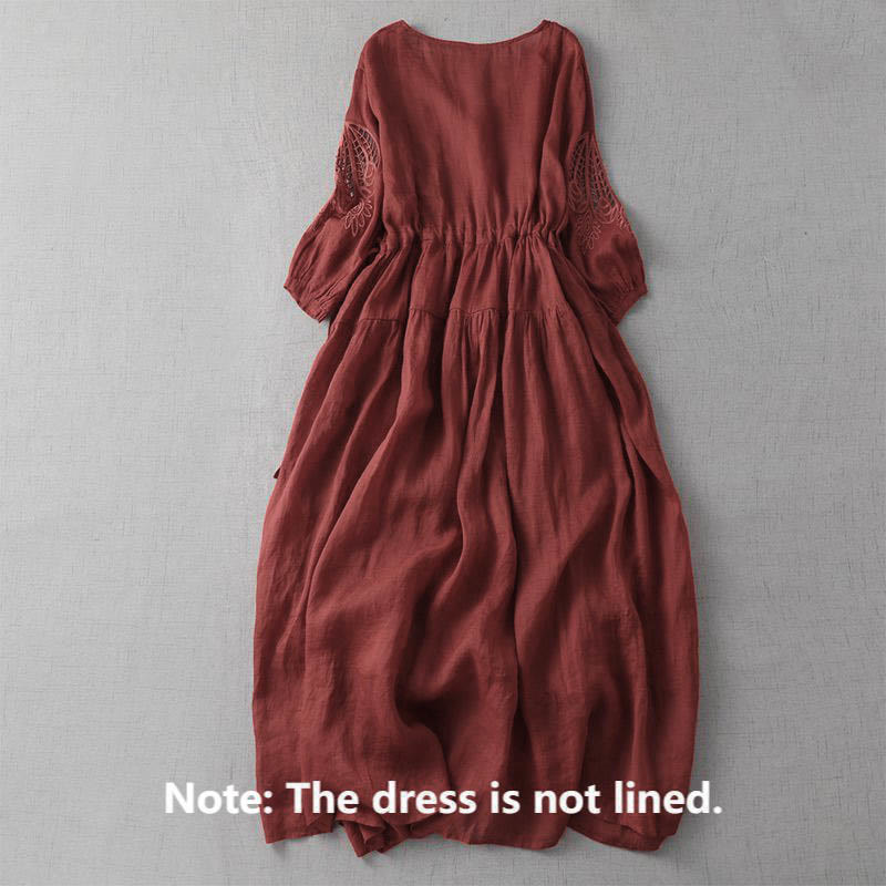 Buddha Stones Embroidery Patchwork Long Puff Sleeve Drawstring Midi Dress With Pockets