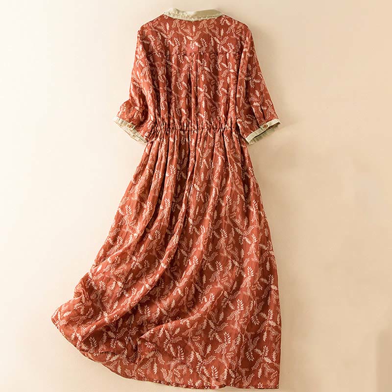 Buddha Stones Half Sleeve Color Contrast Floral Pattern Midi Dress With Pockets