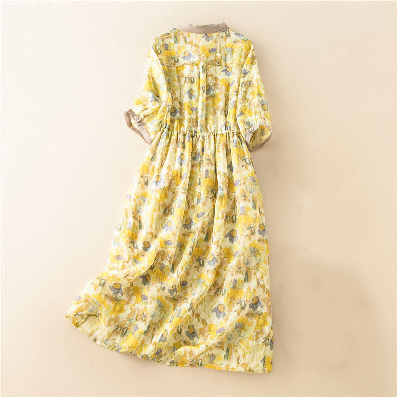Buddha Stones Half Sleeve Color Contrast Floral Pattern Midi Dress With Pockets