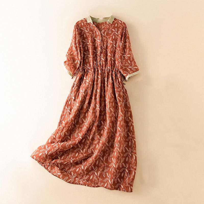 Buddha Stones Half Sleeve Color Contrast Floral Pattern Midi Dress With Pockets