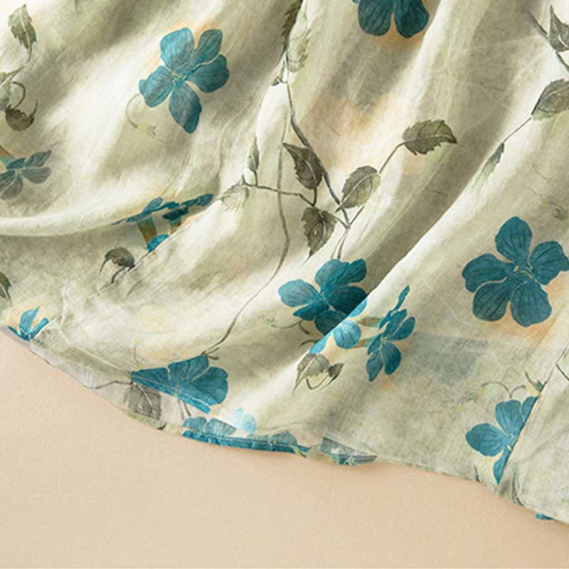 Buddha Stones Half Sleeve Color Contrast Floral Pattern Midi Dress With Pockets
