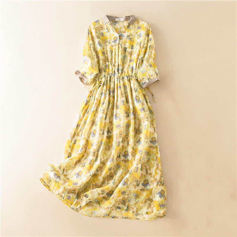 Buddha Stones Half Sleeve Color Contrast Floral Pattern Midi Dress With Pockets