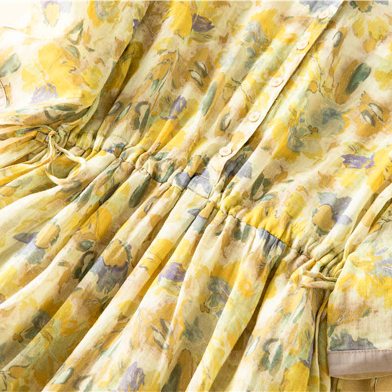 Buddha Stones Half Sleeve Color Contrast Floral Pattern Midi Dress With Pockets