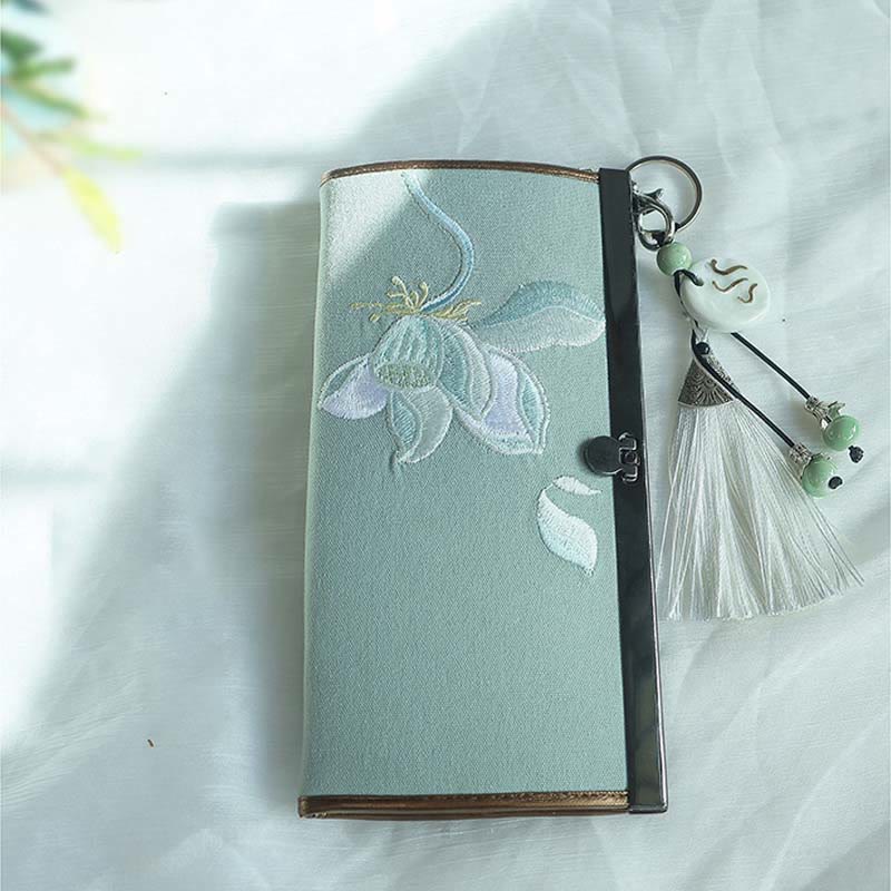 Buddha Stones Flower Plum Peach Blossom Bamboo Double-sided Embroidery Large Capacity Cash Holder Wallet Shopping Purse