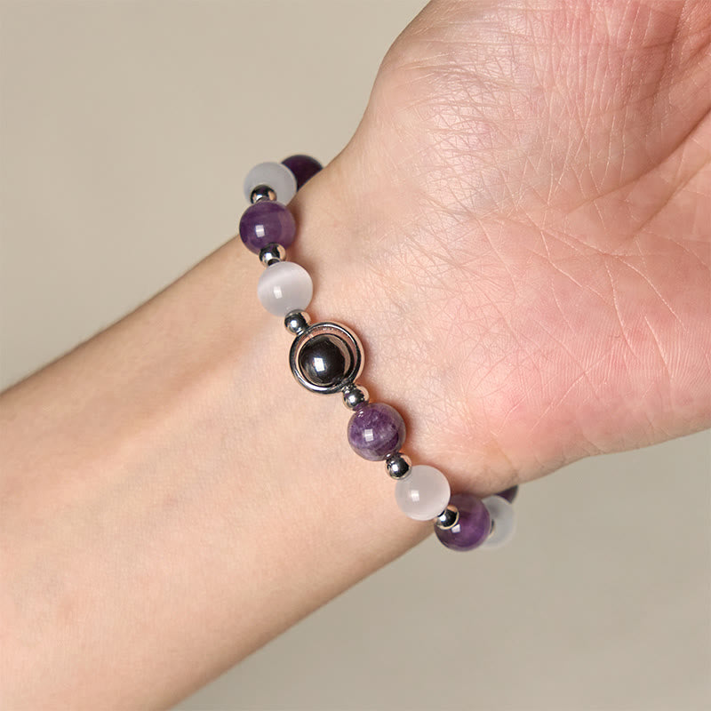 Buddha Stones Natural Amethyst White Cat's Eye Beads Balance Bracelet