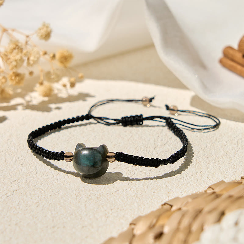 Buddha Stones Natural Labradorite Cute Cat Head Black Rope Healing Bracelet