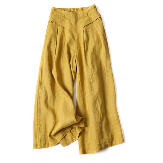 Buddha Stones Plain Color Cotton Linen High Waist Wide Leg Pants With Pockets
