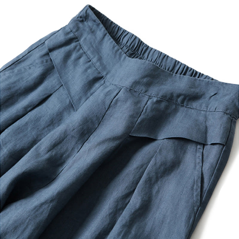 Buddha Stones Plain Color Cotton Linen High Waist Wide Leg Pants With Pockets