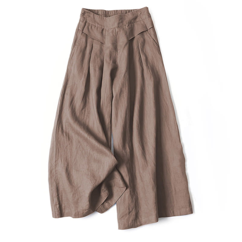 Buddha Stones Plain Color Cotton Linen High Waist Wide Leg Pants With Pockets