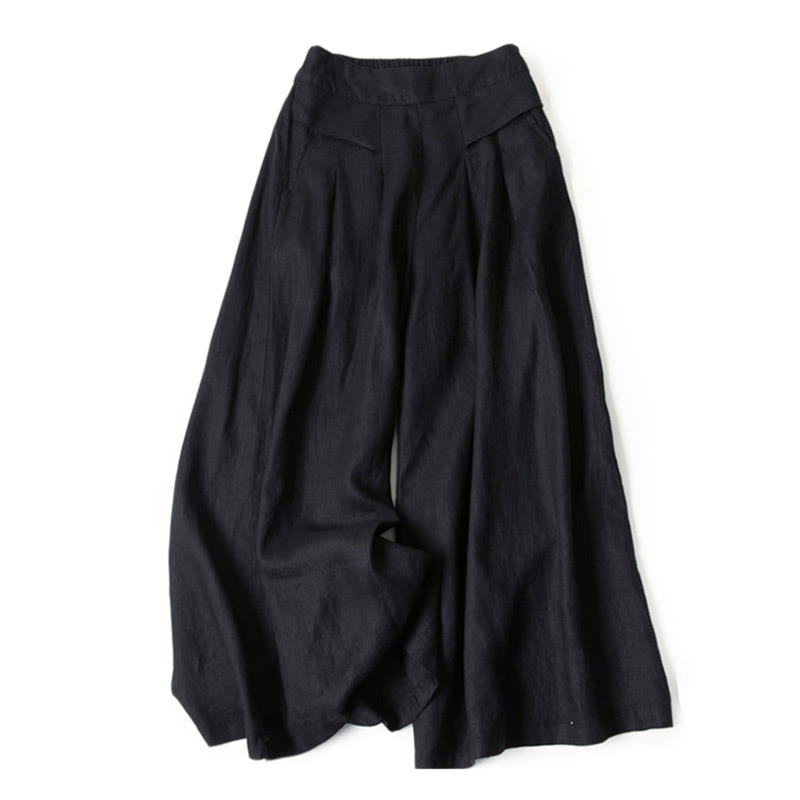 Buddha Stones Plain Color Cotton Linen High Waist Wide Leg Pants With Pockets