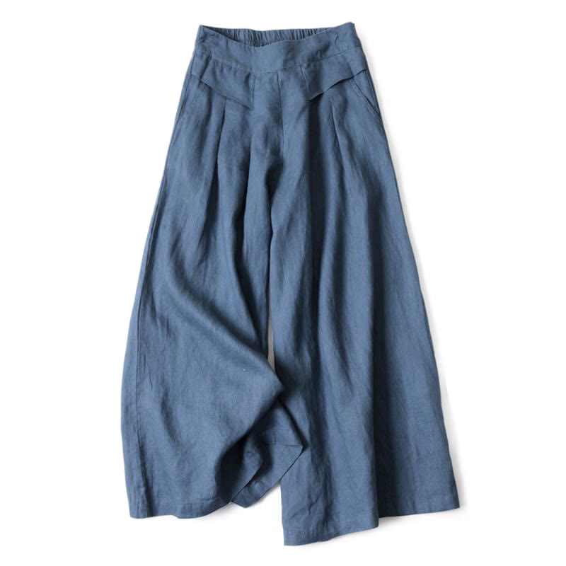 Buddha Stones Plain Color Cotton Linen High Waist Wide Leg Pants With Pockets