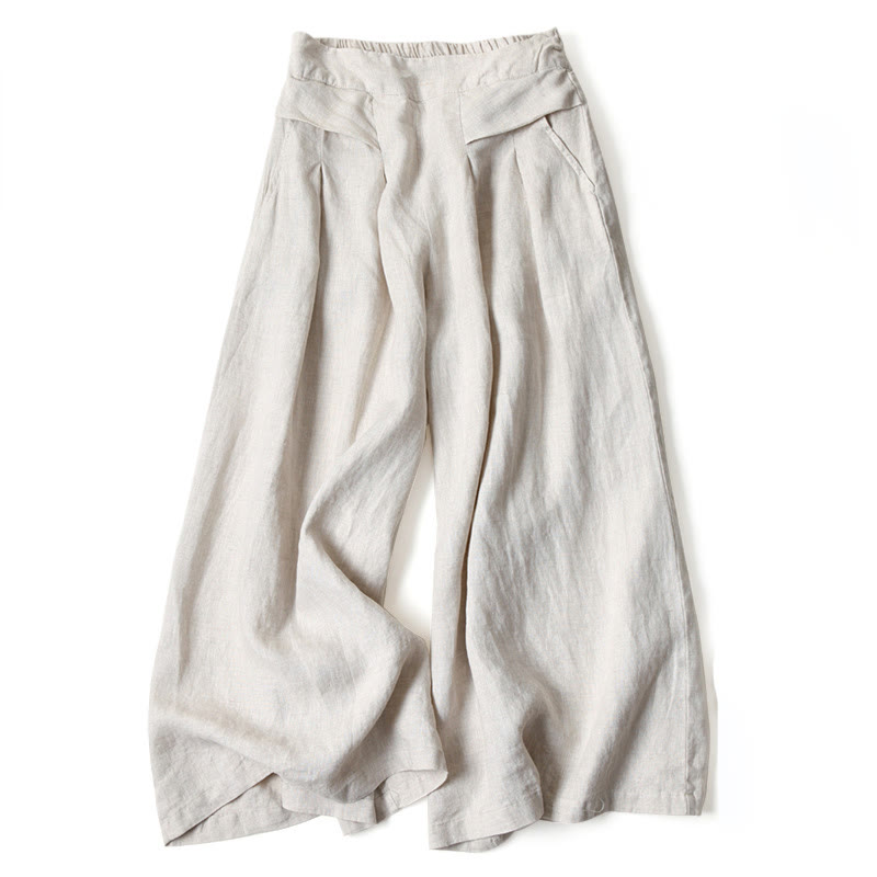 Buddha Stones Plain Color Cotton Linen High Waist Wide Leg Pants With Pockets