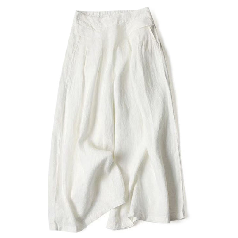 Buddha Stones Plain Color Cotton Linen High Waist Wide Leg Pants With Pockets