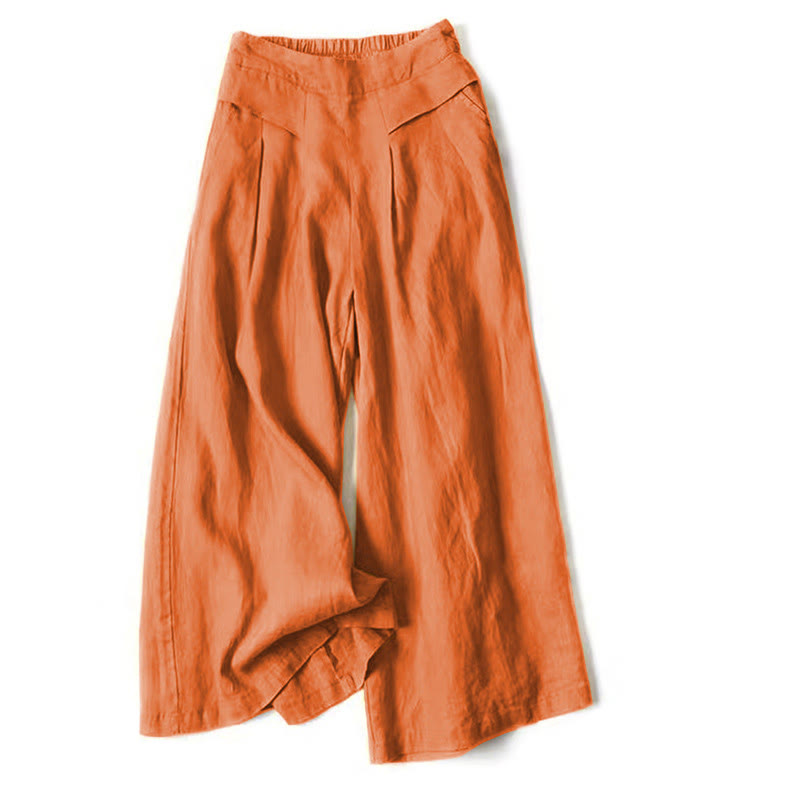 Buddha Stones Plain Color Cotton Linen High Waist Wide Leg Pants With Pockets