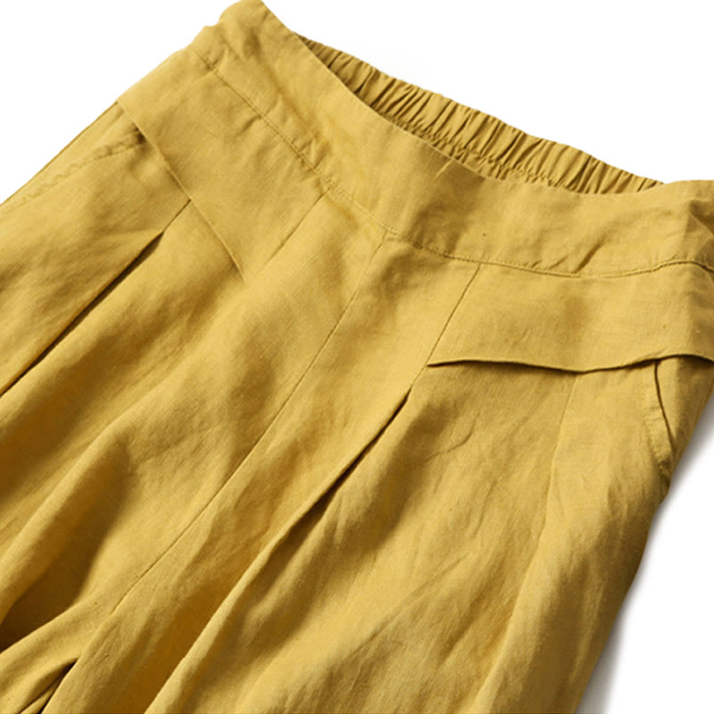 Buddha Stones Plain Color Cotton Linen High Waist Wide Leg Pants With Pockets