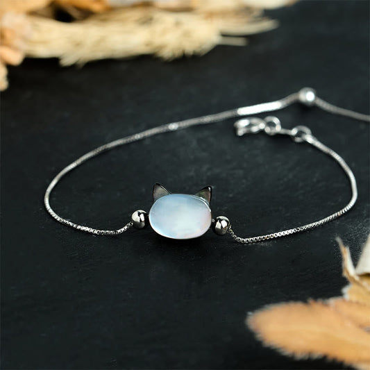 Buddha Stones 925 Sterling Silver Tridacna Stone Cat Head Blessing Chain Bracelet
