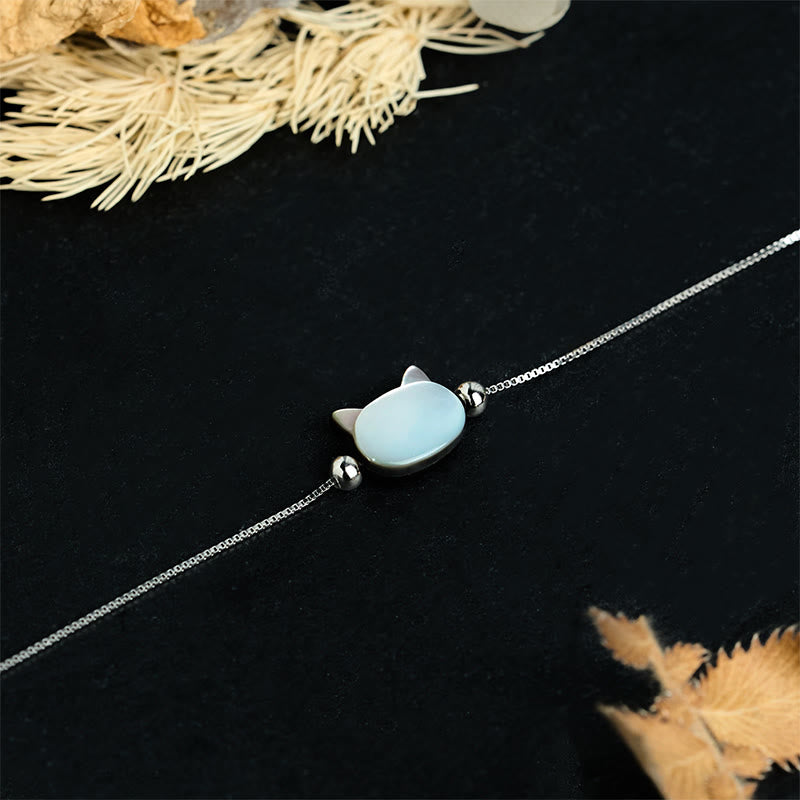 Buddha Stones 925 Sterling Silver Tridacna Stone Cat Head Blessing Chain Bracelet